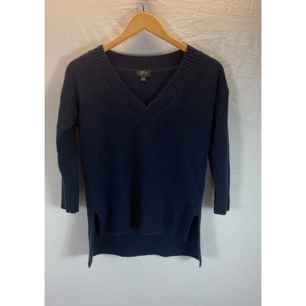 J. Crew Womens XXS 100% Cashmere open knit Sweater 3/4 sleeve Navy blue v neck